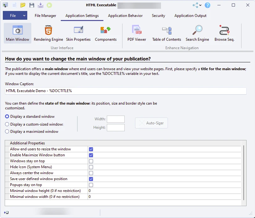 options de la fenêtre principale