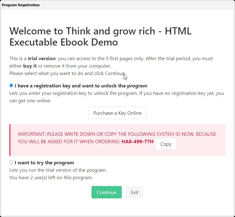 écran d'alerte avec l'identifiant du système